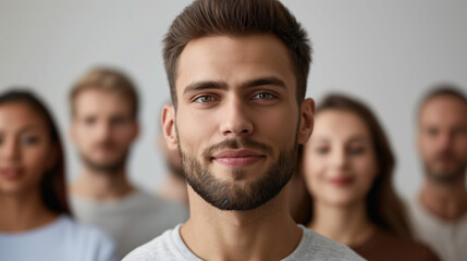 Obraz premium man smiling in the foreground of a group of people