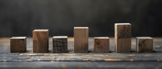 A realistic photo of wooden blocks arranged as a bar graph showing business growth, shot with high-end photography techniques. Emphasize the textures and shadows for a professional, unique look.