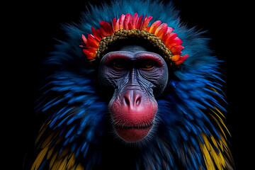 A colorful monkey with blue and yellow paint on its face.