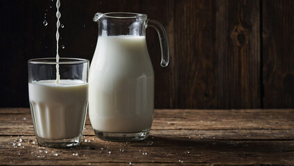 Glass of fresh milk on wooden table