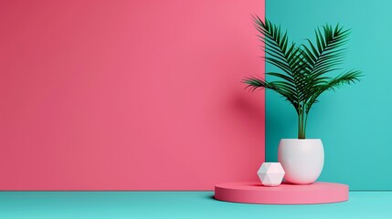 A simple geometric podium mockup set against a bright with complementary colors, perfect for creating striking and eye-catching visuals for advertising presentations. Clean and Clear Color, Realistic