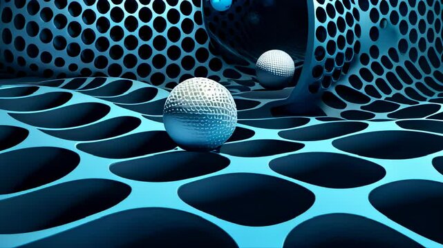 White golf balls positioned on a blue, perforated background, forming an abstract and futuristic composition. The image highlights the geometric patterns and a surreal atmosphere