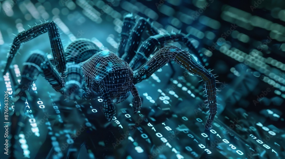 Poster close-up of a digital spider with binary code patterns on its body and legs