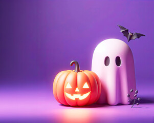 3D illustration of a pumpkin, ghost, bat on a purple background, minimalism. Halloween Celebration