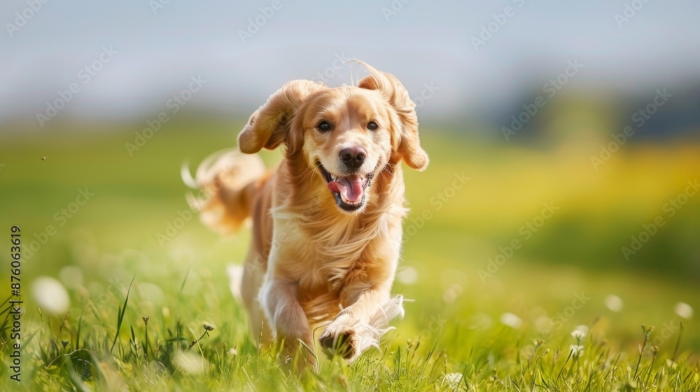 Poster A happy dog running joyfully through a green meadow with ears flapping in the wind.
