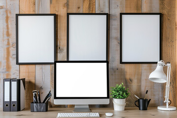 A modern home office setup with a computer, desk lamp, and framed pictures on a wooden wall. The clean and organized space is perfect for productivity and creativity.