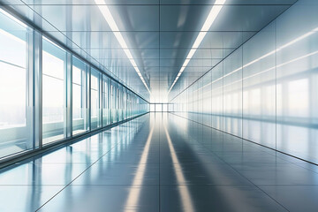 Obraz premium A futuristic corridor with reflective surfaces, abundant natural light, and a sense of endless space.