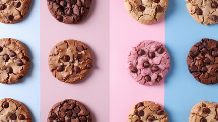 Obraz premium Assortment of chocolate chip and double chocolate cookies organized on a pink and blue background. One of the cookies on the pink side is slightly broken, offering a unique touch.