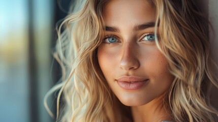 Close Up Portrait of Young Blonde Woman With Blue Eyes, Looking at Camera, Sunlight. Generative AI