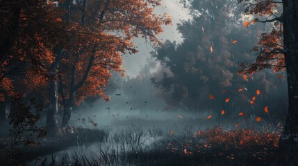 gloomy autumn forest. Include thick fog hanging between the trees and vibrant fall colors.