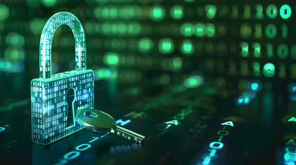 Binary code background with lock and key symbolizing internet security concept. Concept Cybersecurity, Binary Code, Lock and Key Symbol, Internet Security Concept, Technology Theme