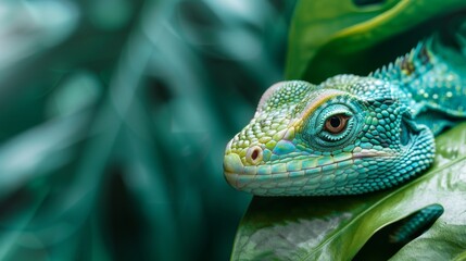 Fototapeta premium World Lizard Day. Green lizard on a green background. Horizontal banner, free space for text. Concept of wildlife protection, animal protection. Studying nature's biodiversity