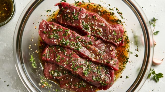 A juicy flank steak marinating in a bowl with herbs, olive oil, and garlic, ready for grilling.