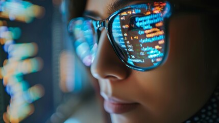 Close-up of a person with code reflecting in glasses