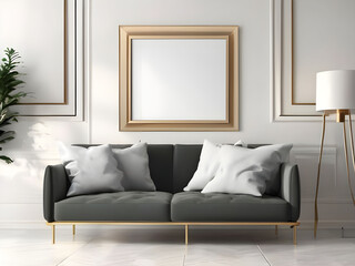 Mockup poster frame on the wall of living room. Luxurious apartment background with contemporary design. Modern interior design. 3D render, 3D illustration.