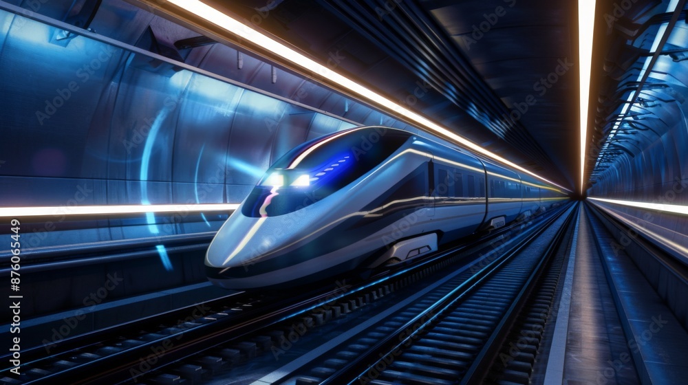 Poster a modern bullet train entering a futuristic tunnel, with dynamic lines and engineering marvels on di