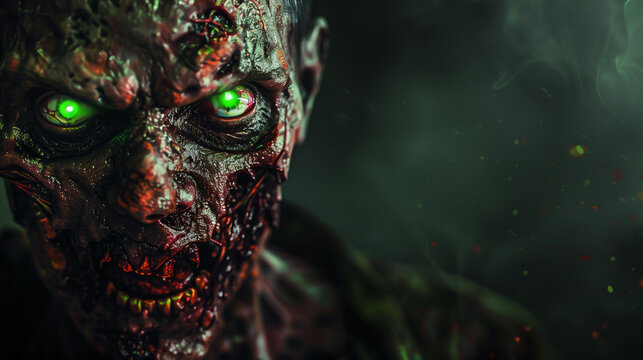 Close-up of a zombie 's decayed face, with rotting flesh and glowing green eyes, dark and eerie atmosphere