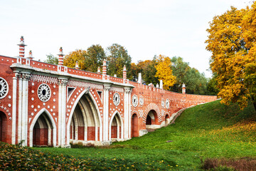 View of the Big bridge over the ravine in palace and park ensemble Tsaritsino in autumn. Moscow,...