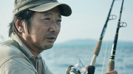 Obraz premium 海釣りをする日本の中年男性