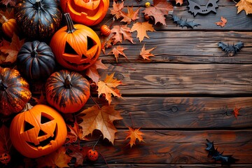 Halloween stuff. Scary pumpkins. Maple leaves. Wooden planks background. Top view. Copy space