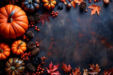 Fototapeta premium Halloween pumpkins on textured surface. Maple leaves. Top view. Copy space. Natural light