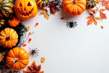Halloween lifestyle. Scary pumpkins, bats and maple leaves. October. Festive season. Copy space. Top view