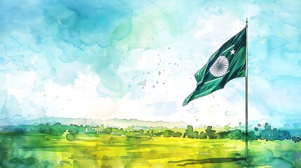 A peaceful watercolor scene of the Pakistani flag gently waving over a lush green field, with the colors blending harmoniously and evoking a sense of national pride.