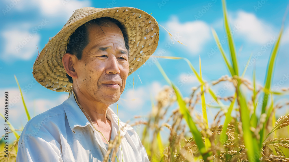 Poster 夏の日に田んぼで稲を刈る日本の中年男性