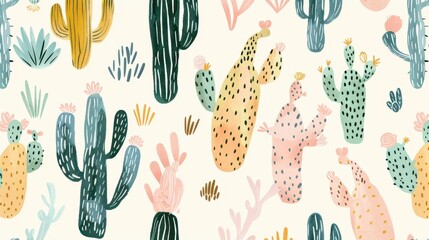A seamless pattern featuring an arrangement of various cacti, with a mix of large and small species, in a whimsical, hand-drawn style