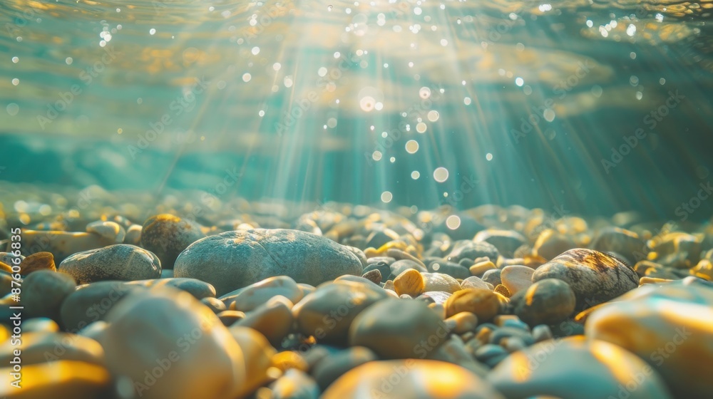 Poster sunlight streams through water, illuminating smooth pebbles on the seabed, creating a tranquil and s