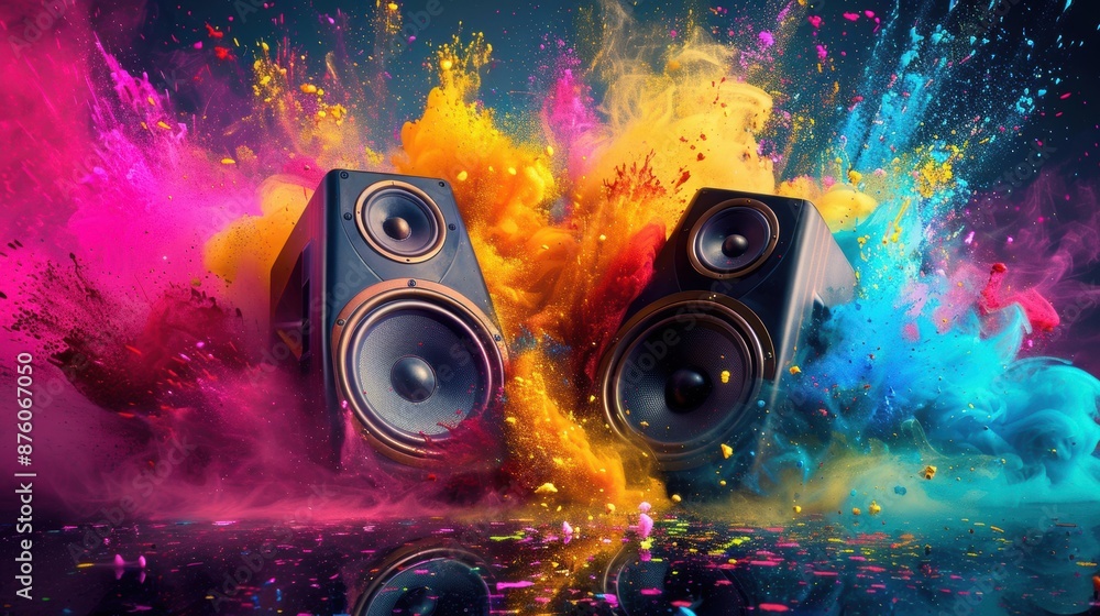 Poster vibrant explosion of colors surrounding two powerful sound speakers, creating a dynamic and energeti