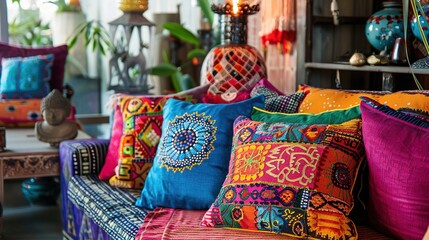 Naklejka premium Vibrant Close-Up of Interior Objects with Colorful Patterns and Textures