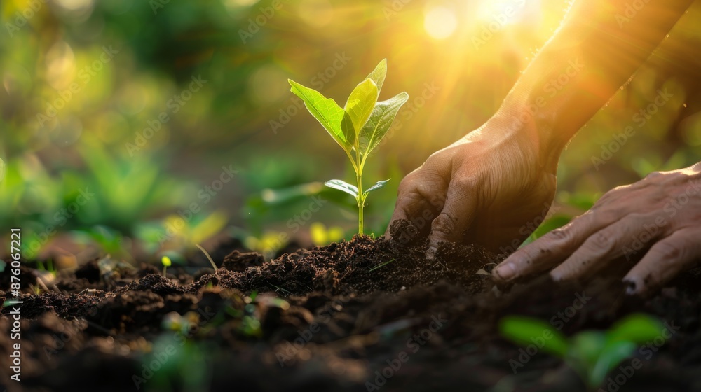 Poster a person planting a young sapling in fertile soil with gentle sunlight filtering through the leaves.