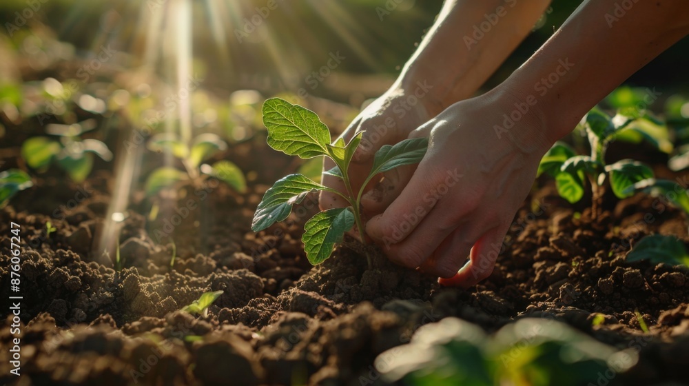 Poster a person planting a young sapling in fertile soil with gentle sunlight filtering through the leaves.