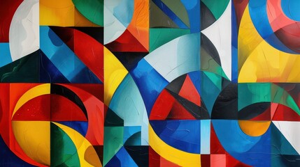Obraz premium An abstract oil painting with a vivid color scheme, featuring geometric patterns and bold, contrasting colors