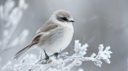 A fluffy bird perched on a frosty branch, showcasing its soft feathers and the serene winter environment.