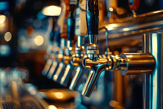 Closeup of beer tap handles lines in a bar against a dark background