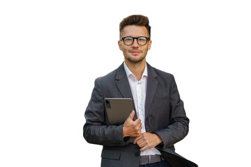 A man uses a tablet. A positive businessman in a suit is writing a message. The background has been...
