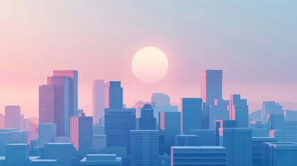 Fototapeta premium Minimalist digital artwork of a cityscape at sunrise, featuring simple geometric shapes