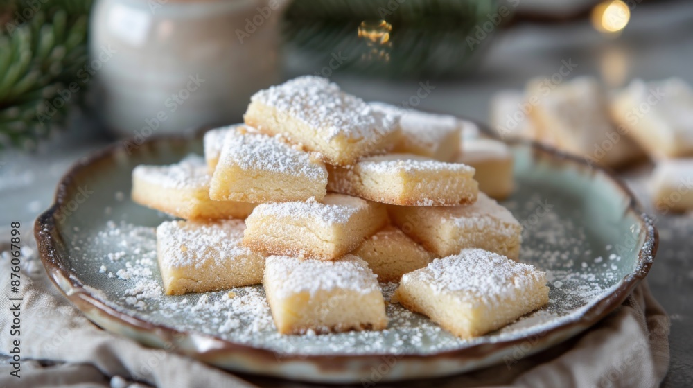 Poster A plate of buttery shortbread cookies with a crumbly texture and dusted with powdered sugar.