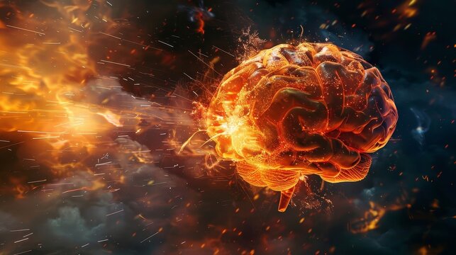 Exploding brain with fiery elements and particles in a dramatic scene