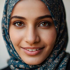Portrait of a smiling muslim girl in hijab. Close-up face of Arabic young woman with beautiful eyes.