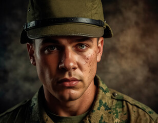 Fototapeta premium Portrait of a young soldier in an old-style military uniform