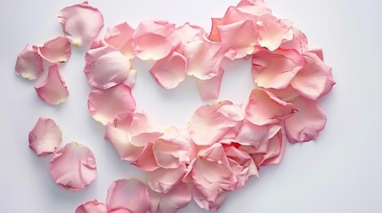 Tender Love - Close-up of delicate pink rose petals forming a heart shape on a soft white background, symbolizing romance and affection.