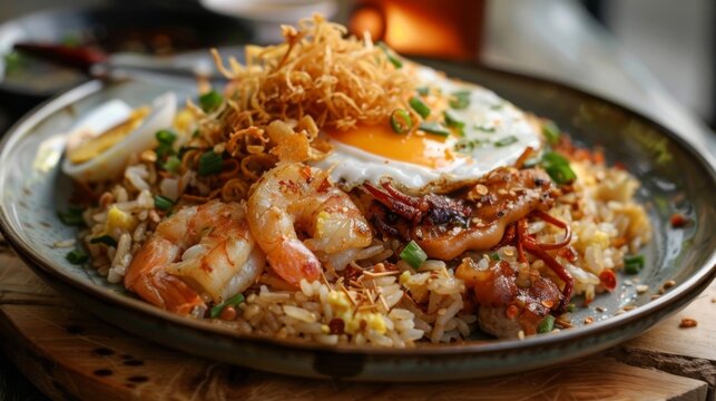 A plate of Indonesian nasi goreng with fried rice, shrimp, chicken, egg, and crispy shallots on top.