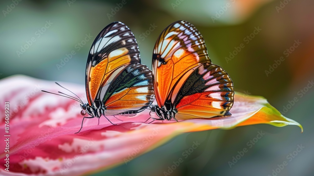 Poster vibrant butterflies macro close-up on flower petal with intricate patterns