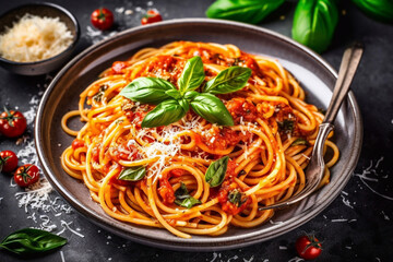 Delicious appetizing classic Italian spaghetti pasta with tomato sauce and basil