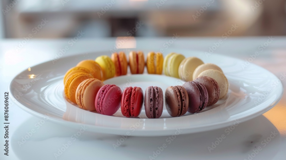 Poster A plate of macarons arranged in a spiral pattern, creating a visually appealing dessert presentation
