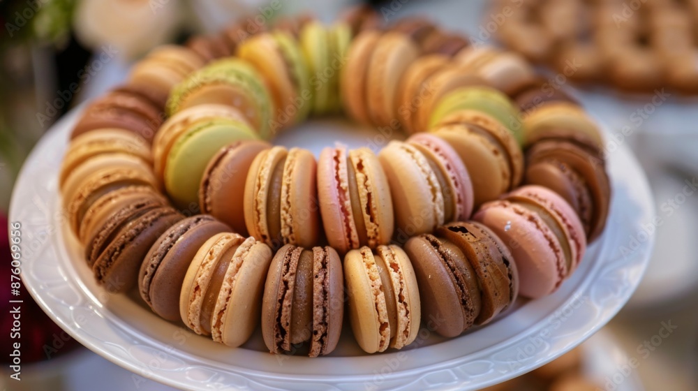 Poster A plate of macarons arranged in a spiral pattern, creating a visually appealing dessert presentation