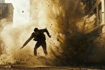 Man fleeing explosion in urban setting, dramatic action scene.